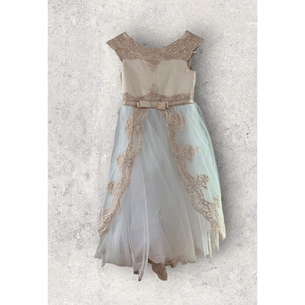 Girls' Champagne Lace & Tulle Formal Dress with Bow